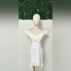 City Triangles White Short Ruffled Stretch Crepe Dress Size 5